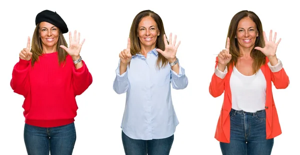 Collage Hermosa Mujer Mediana Edad Sobre Fondo Blanco Aislado Mostrando —  Fotos de Stock