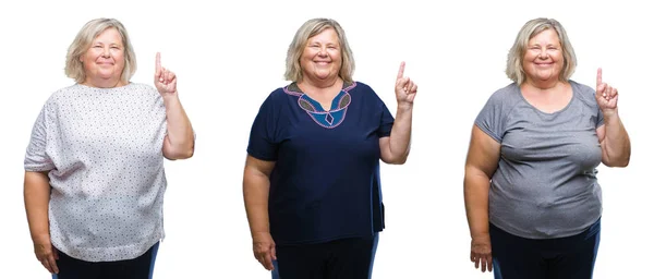 Collage Van Senior Dikke Vrouw Geïsoleerde Achtergrond Tonen Omhoog Met — Stockfoto
