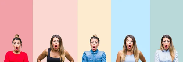 Collage Joven Hermosa Mujer Sobre Rayas Colores Aislado Fondo Miedo — Foto de Stock