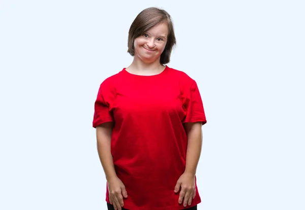 Mulher Adulta Jovem Com Síndrome Sobre Fundo Isolado Com Sorriso — Fotografia de Stock