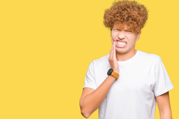 Young Handsome Man Afro Hair Wearing Casual White Shirt Touching — Stock Photo, Image