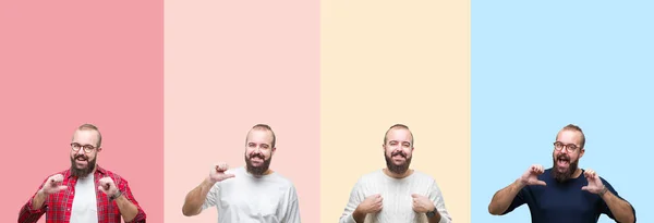 Colagem Jovem Com Barba Sobre Listras Coloridas Fundo Isolado Olhando — Fotografia de Stock