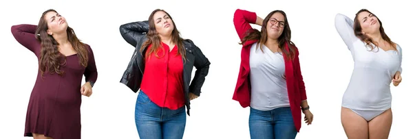 Collage Belle Femme Taille Sur Fond Isolé Étirant Dos Fatigué — Photo