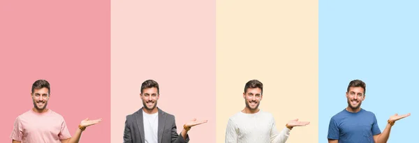 Collage Joven Guapo Sobre Rayas Colores Fondo Aislado Sonriendo Alegre — Foto de Stock