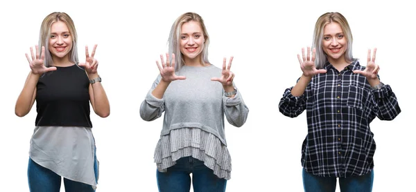 Collage Vacker Blond Ung Kvinna Över Isolerade Bakgrund Visar Och — Stockfoto