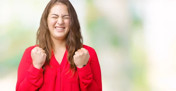 Güzel Artı Boyutu Genç Kadını Izole Arka Kolları Olan Başarı — Stok fotoğraf