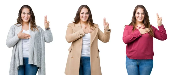Collage Van Mooie Grootte Vrouw Geïsoleerde Achtergrond Swearing Met Hand — Stockfoto