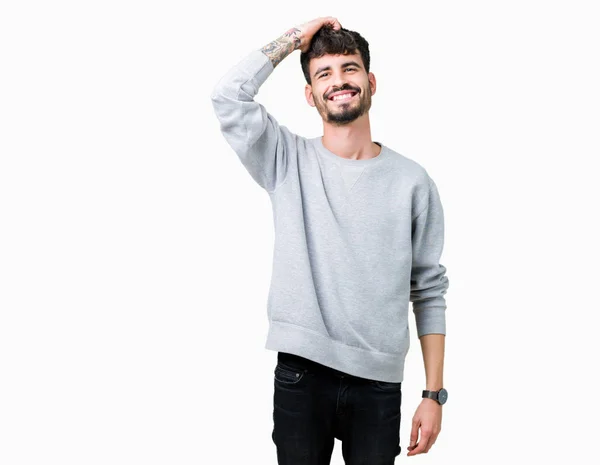 Joven Hombre Guapo Con Sudadera Sobre Fondo Aislado Sonriendo Seguro — Foto de Stock