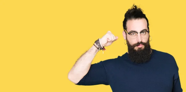 Young Hipster Man Long Hair Beard Wearing Glasses Strong Person — Stock Photo, Image