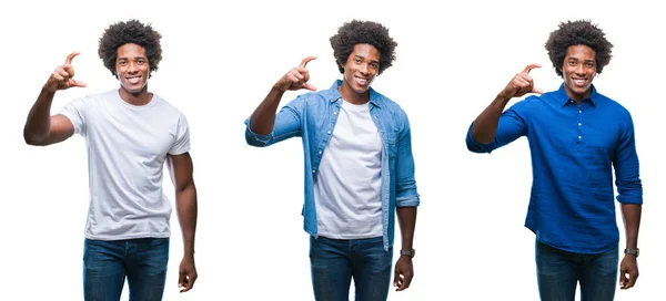 アフリカ系アメリカ人の若い上半身裸男と孤立した背景の笑顔と自信を持ってサイズ記号を見ながら指とカメラをやって手でジェスチャー ビジネス男のコラージュ 測定概念 — ストック写真