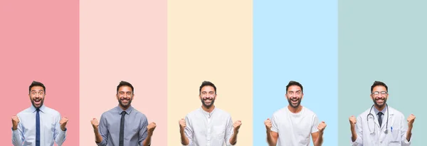 Collage Handsome Man Colorful Stripes Isolated Background Celebrating Surprised Amazed — Stock Photo, Image