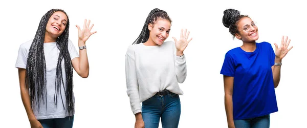 コラージュ分離背景表示と指で上向きに編んだ髪の美しいアフリカ系アメリカ人女性の数は自信を持って 幸せな笑みを浮かべている間 — ストック写真