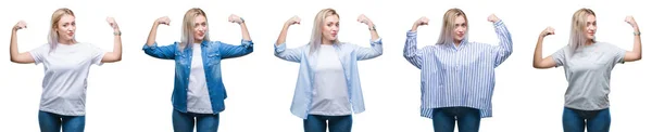 Colagem Bela Loira Jovem Sobre Fundo Isolado Mostrando Músculos Braços — Fotografia de Stock