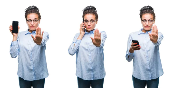 자신감 제스처 표시를 손으로 스마트폰을 비즈니스 우먼의 콜라주 — 스톡 사진