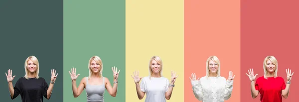 Коллаж Красивой Блондинки Винтажном Изолированном Фоне Показывая Показывая Пальцами Номер — стоковое фото