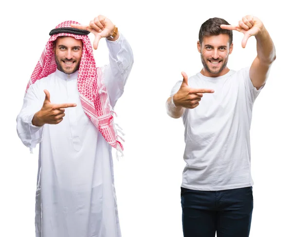 ハンサムな若い男と笑顔と幸せそうな顔で指手作りフレーム分離の背景上のアラブ人のコラージュ 創造性と写真のコンセプト — ストック写真