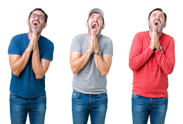 Collage Handsome Senior Man White Isolated Background Begging Praying Hands — Stock Photo, Image