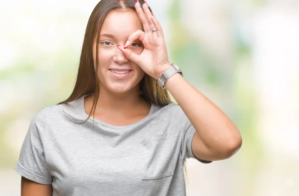 Mladá Kavkazské Krásná Žena Izolované Pozadí Dělá Gesto Rukou Úsměvem — Stock fotografie