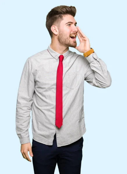 Young Handsome Business Man Shouting Screaming Loud Side Hand Mouth — Stock Photo, Image
