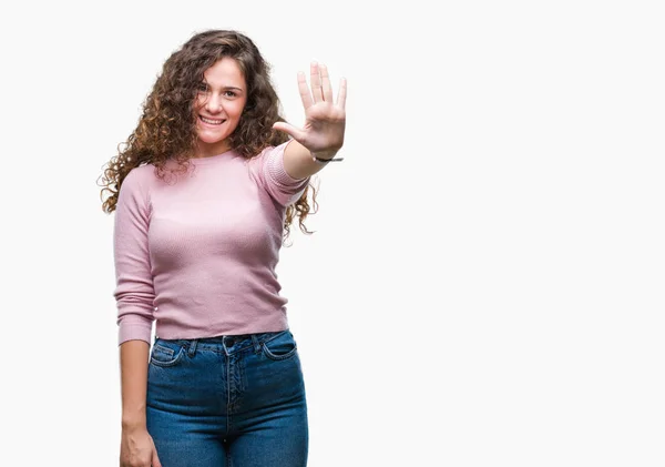 Schöne Brünette Lockige Haare Junges Mädchen Trägt Rosa Pullover Über — Stockfoto