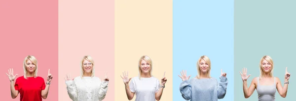 Collage Von Schönen Blonden Frau Über Bunten Streifen Isolierten Hintergrund — Stockfoto