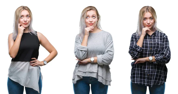 Collage Van Mooie Blonde Jonge Vrouw Geïsoleerde Achtergrond Met Hand — Stockfoto