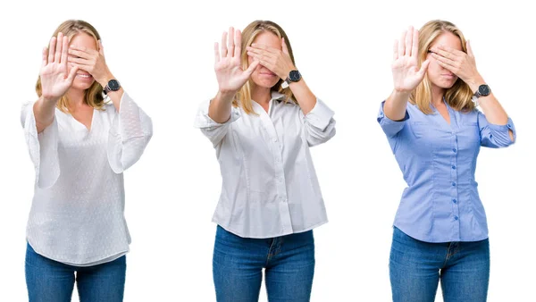 Collage Einer Schönen Blonden Geschäftsfrau Vor Weißem Isoliertem Hintergrund Die — Stockfoto