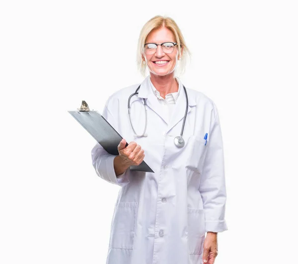 Middle Age Blonde Doctor Woman Holding Clipboard Isolated Background Happy — Stock Photo, Image