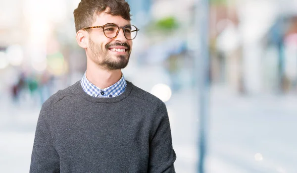 Young Handsome Smart Man Wearing Glasses Isolated Background Looking Away — Stock Photo, Image