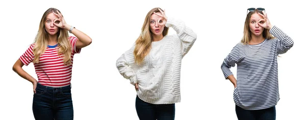 Collage Van Jonge Mooie Blonde Vrouw Geïsoleerde Achtergrond Doen Gebaar — Stockfoto