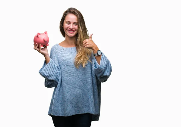 Jonge Mooie Blonde Vrouw Die Houdt Van Piggy Bank Geïsoleerde — Stockfoto