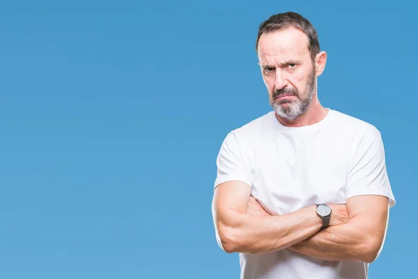 Hombre Mediana Edad Con Camiseta Blanca Sobre Fondo Aislado Escéptico —  Fotos de Stock