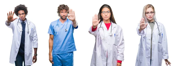 外科医生组的拼贴在孤立的背景下做停止用手掌唱歌 脸上带有负面和严肃手势的警告表情 — 图库照片