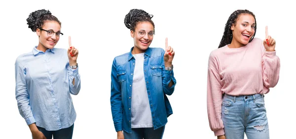 美丽的辫子头发非洲美国女人拼贴在孤立的背景显示和指向与手指第一 同时微笑着自信和快乐 — 图库照片
