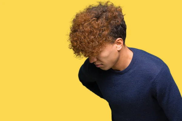 Young Handsome Man Afro Hair Suffering Backache Touching Back Hand — Stock Photo, Image