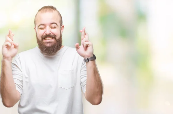 Homem Jovem Hipster Caucasiano Vestindo Camiseta Casual Sobre Fundo Isolado — Fotografia de Stock