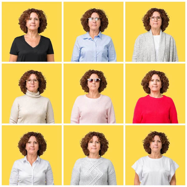 Collage Middle Age Senior Woman Yellow Isolated Background Relaxed Serious — Stock Photo, Image