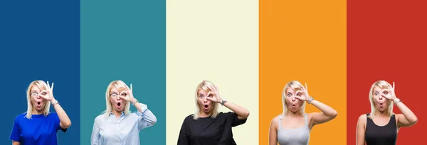 Collage Beautiful Blonde Woman Colorful Vintage Isolated Background Doing Gesture — Stock Photo, Image