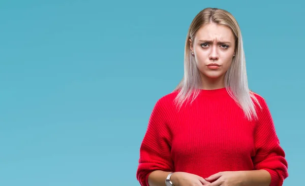 Unga Blonda Kvinnan Bär Vinter Tröja Över Isolerade Bakgrund Skeptiker — Stockfoto