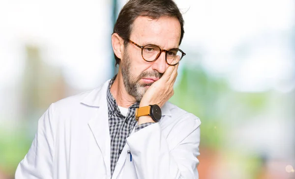 Middle Age Doctor Men Wearing Medical Coat Thinking Looking Tired — Stock Photo, Image