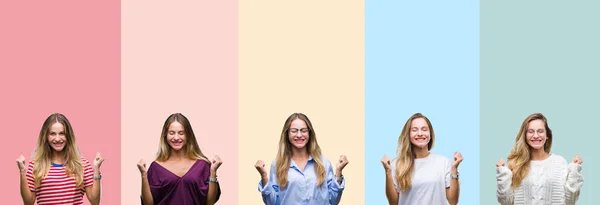 拼贴美丽的年轻女子在五颜六色的条纹孤立的背景兴奋为成功与胳膊举了庆祝胜利微笑 优胜者概念 — 图库照片