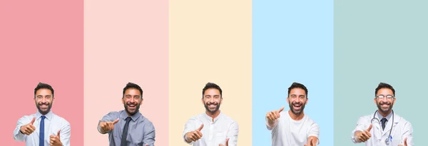 Collage Hombre Guapo Sobre Rayas Colores Fondo Aislado Aprobando Hacer —  Fotos de Stock