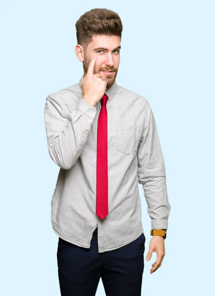 Young Handsome Business Man Pointing Eye Watching You Gesture Suspicious — Stock Photo, Image