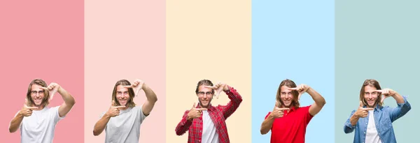 Collage Van Jonge Knappe Man Geïsoleerde Achtergrond Kleurrijke Strepen Glimlachend — Stockfoto
