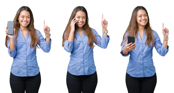 Collage Beautiful Young Business Woman Using Smartphone Isolated Background Surprised — Stock Photo, Image