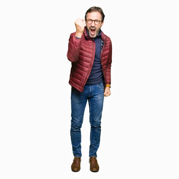 Middle Age Handsome Man Wearing Glasses Winter Coat Angry Mad — Stock Photo, Image