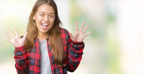 Young Beautiful Brunette Woman Wearing Jacket Isolated Background Celebrating Crazy — Stock Photo, Image