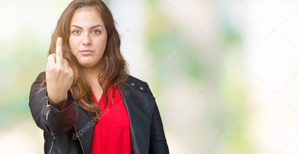 Beautiful plus size young woman wearing a fashion leather jacket over isolated background Showing middle finger, impolite and rude fuck off expression