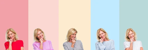 Collage Von Seniorin Mittleren Alters Schöne Frau Über Bunten Streifen — Stockfoto
