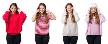 Yüksek sesle müzik gürültü rahatsız ifade parmaklarıyla kulaklarıyla kapsayan izole arka plan güzel genç kadın kolaj. Sağır kavramı.